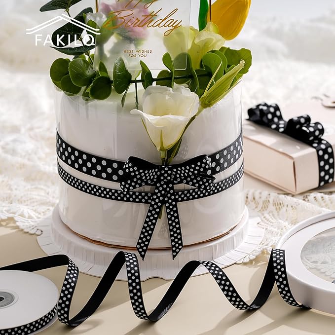 Polka Dot Grosgrain Ribbon 3/8 Inch, 25 Yards Spool Black and White Dot Craft Ribbon for Christmas Gift Wrapping DIY Crafts Hair Bows Wedding Party Decor Sewing and Home Decoration
