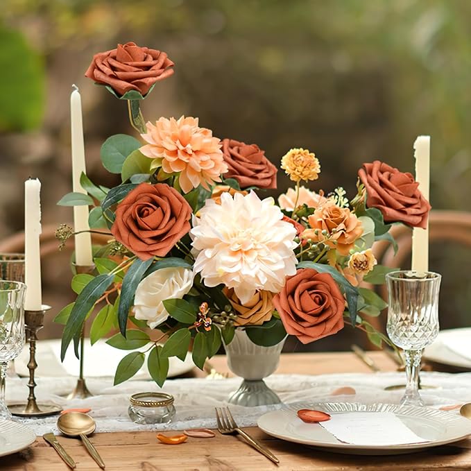 AmyHomie Artificial Flowers Burnt Orange Rose 25pcs Real Looking Fake Roses w/Stem for DIY Wedding Bouquets Centerpieces Arrangements Party Baby Shower Home Decorations