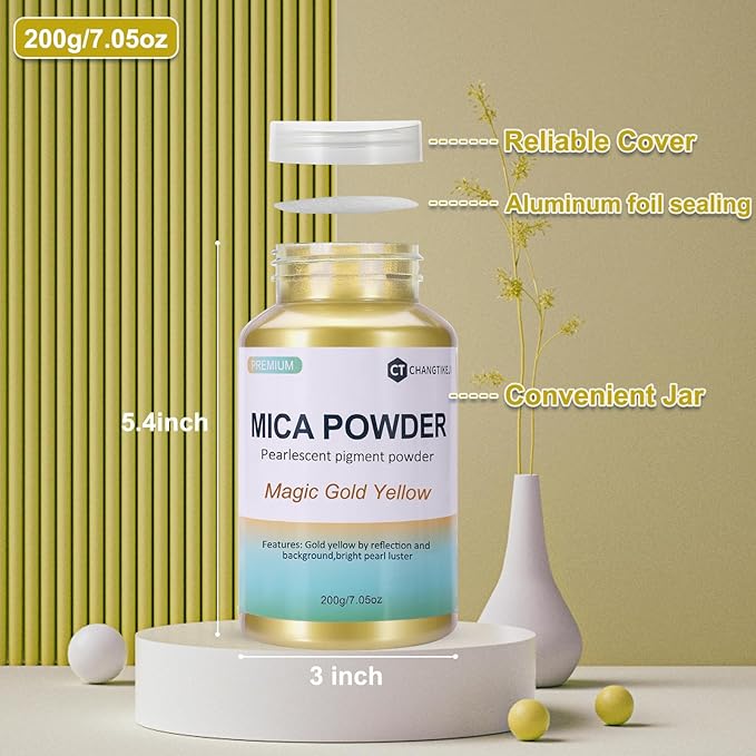Mica Powder,200g/7.42oz Large Jar,Magic Gold Yellow Mica Powder Pigment for Epoxy Resin，Lip Gloss，Paint，Dye，Soap Making，Nail Polish,Candle Making,Bath Bombs