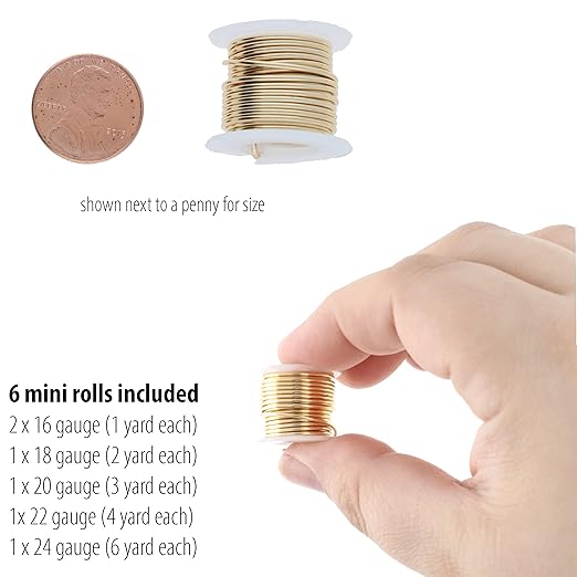 The Beadsmith Craft Wire Assortment - Tarnish-Resistant Copper Wire for Jewelry Making, 6-Pack, 0.75-Inch Mini Spools, Varying Lengths, 16-24 Gauge, Gold Color, Medium Temper