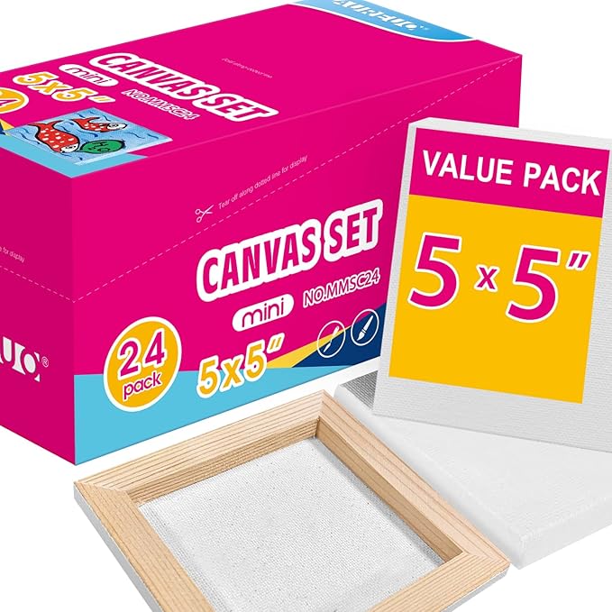 AUREUO Mini Stretched Canvas - 5x5 Inch/24 Pack - 2/5 Inch Profile Small Square Canvas - Gift Set Bulk Pack Canvases for Acrylic Painting & Craft