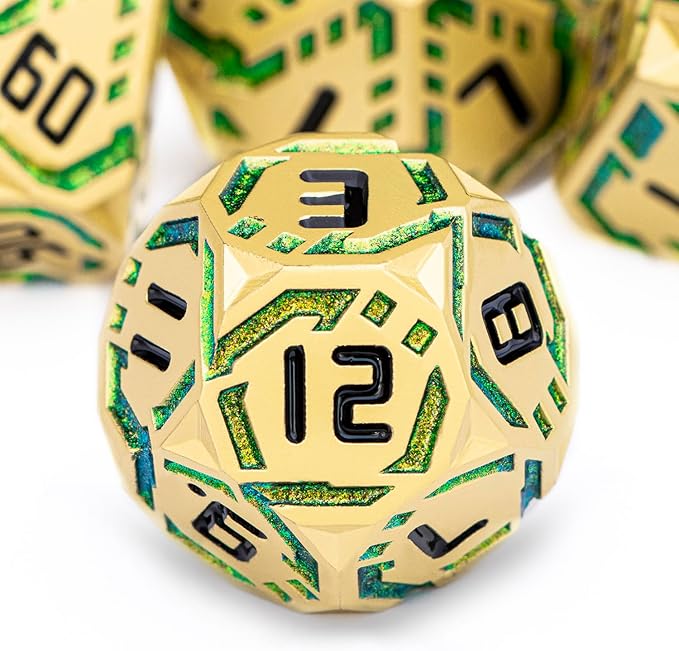 Metal DND Sci-fi Dice Set 7PCS Stripe Polyhedral Dice for Dungeons Dragons RPG Role Playing Game, Glitter D and D Dice with Gift Box D6 D8 D10 D12 D20 (Golden Green)