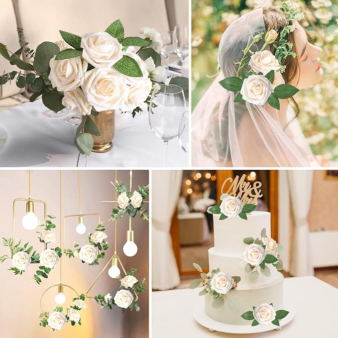 AmyHomie Artificial Flowers Champagne Rose 50pcs Real Looking Fake Roses w/Stem for DIY Wedding Bouquets Centerpieces Arrangements Party Baby Shower Home Decorations