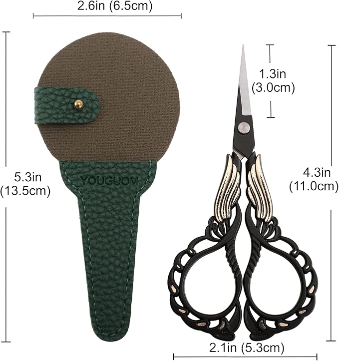 Embroidery Scissor with Case, Yarn Scissors for Sewing Craft Cross Stitch Crochet, Detail Shears Threading Snips Vintage Golden Black