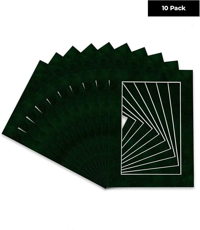 Pack of Ten Acid Free 8x10 Mats Bevel Cut for 5x8 Photos - Green Suede Precut Matboards With Backing Boards and Self Seal Photo Mat Bags For Pictures, Photos, Framing - 4-ply Thickness