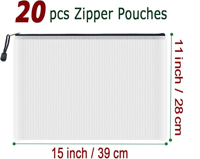 AUSTARK 20 Pcs Zipper File Bags, Plastic Mesh Pouch, Board Game Storage, Waterproof Bags for Office School (B4 Size 15''x11'', White and Black)