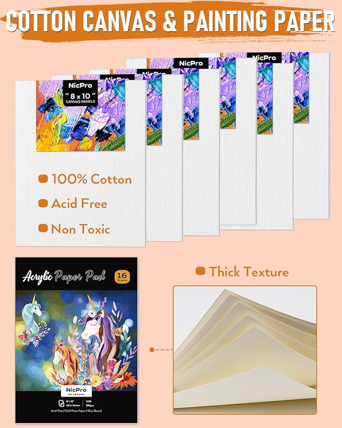 Nicpro 68PCS Acrylic Paint Canvas Set for Adults, Art Painting Supplies Kit with 24 Acrylic Paints,Table Easel,8 Canvas Panels,12 Brushes,Paper Pad,Cleaning Cup, Sponge, Palette for Beginner Artist