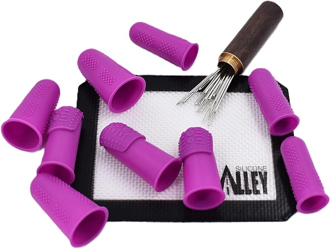 FLEX Thimbles | 9-Pack | 3X-Thick THIK-TIP Medium (3) + Standard Purple Finger Protectors 1x Thick - Small (3) and Large (3) | Mat (1) | Set of Large Eye Sewing Needles (1)
