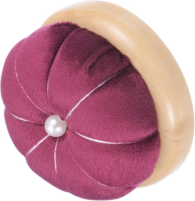 HARFINGTON Wooden Base Pin Cushion Japanese Style Cute Needle Holder Pincushions Round for Sewing Quilting Needlework DIY Crafts, Dark Red