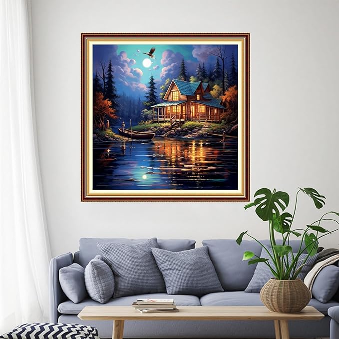 Funchey Stamped Cross Stitch Kits, DIY Cross Stitch Pattern for Adults Beginners Needlepoint Kits Embroidery Kit Arts and Crafts 11CT- Night View by The Lake 18x18 inch