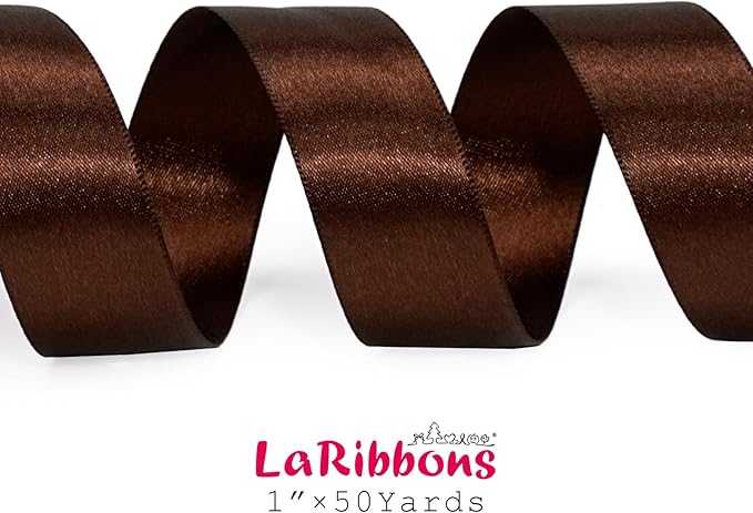 LaRibbons Brown Satin Ribbon 1 Inch 50 Yards Luxury Double Faced Firar Brown Silk Ribbon for Flower Bouquet Crafts Gift Wrapping Wedding Christmas Decoration