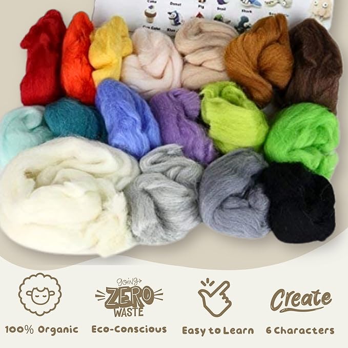 Woolbuddy Needle Felting Wool Kit – Starter Set to Make 6 Cute Animals – Includes Wool, Pad, Needles & Instructions for Beginners and Adults