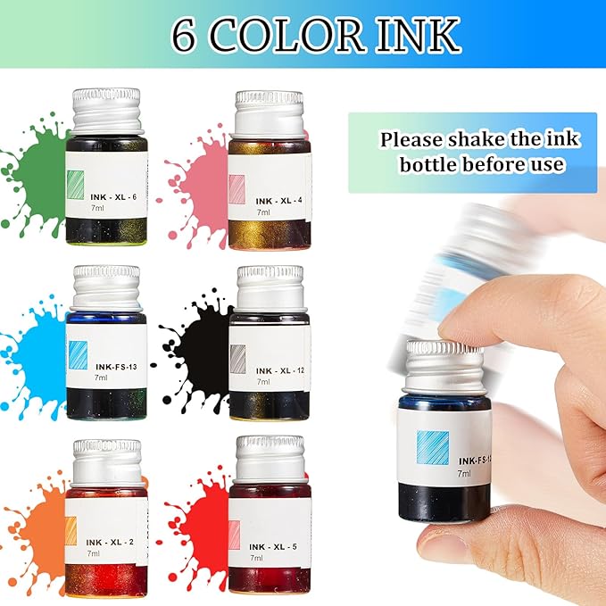 Zonon Glass Dipped Pen Ink Set 14 Pcs Include 6 Pcs Glass Dip Pen, 6 Colorful India Ink and 2 Holder Crystal Signature Calligraphy for Art, Writing, Signatures, Gift(Blue Color System)