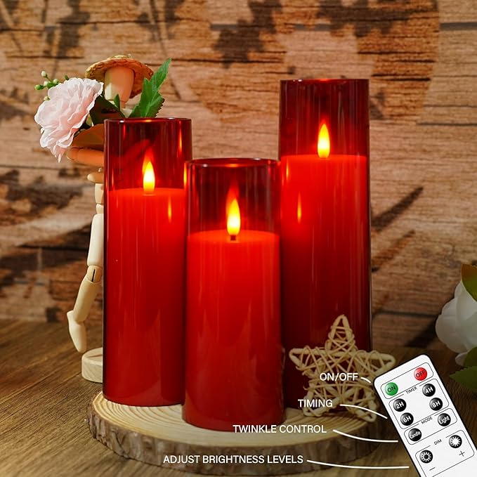 Flickering Flameless Candles Battery Operated with Remote and 2/4/6/8 H Timer Plexiglass Led Pillar Candles Pack of 9 (D2.3 xH 6" 7" 8") with Realistic Moving Wick Candles for Home Decor(Red)