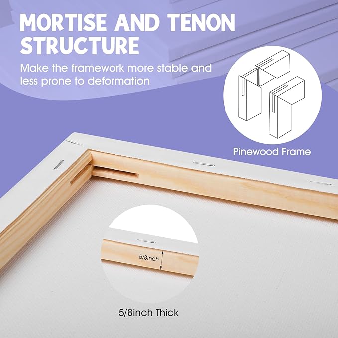 ESRICH 12x16 Stretched Canvas for Painting, 8 Pack Blank Canvases for Painting -5/8 in Profile Primed Cotton Painting Canvas for Oil & Acrylic Paint