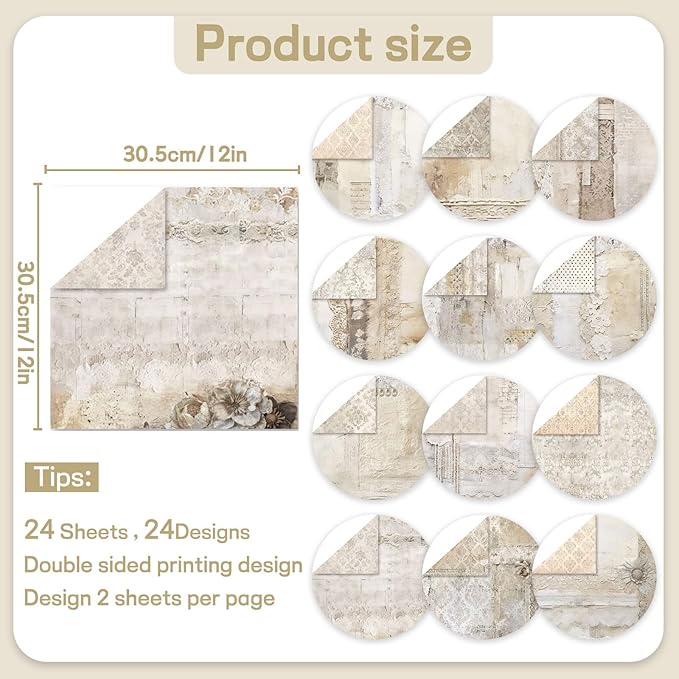 Scrapbook Paper 12x12 inch, 24 Sheets DIY Origami Decorative Craft, Double sided printing, Photo Album Decor Wooden-free Paper for Gift Wrapping Card Making Collage Album Decorative (White)