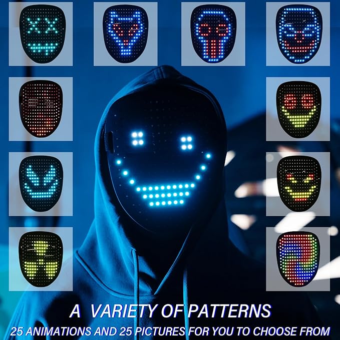 Led Mask with Gesture Sensing, Light up Face Transforming Mask for Halloween Xmas Costume Party