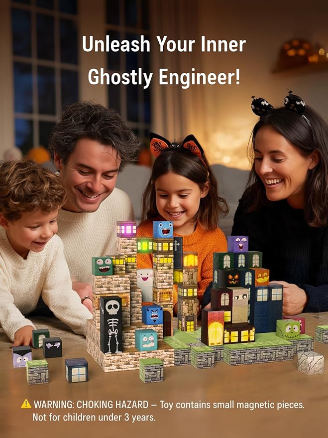 Magnetic Blocks -137PCS Lights Halloween Building Blocks,World Magnetic Tiles Kids Build Cubes 3+,STEM Toys for 3-5 4-8 5-7 Year Old Boys,Sensory Creative Activities Birthday Gift