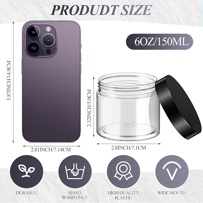 SATINIOR 36 Pieces 6 oz Plastic Jars with Lids Wide Mouth Airtight Reusable Container Acrylic Cosmetic Small Jars for Lotions Ointments Travel Toiletries Creams Make up Storage(Black)