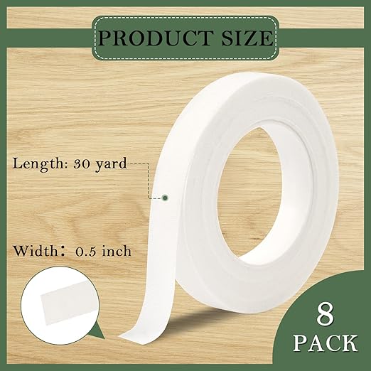 8 Rolls Floral Tape, 1/2" Wide Flower Tape, White Floral Tape for Fresh Flowers, Adhesive Florist Tape for Floral Crafts, Bouquet Floral Arranging Stem Wrapping, Wedding Bouquet, 30Yard