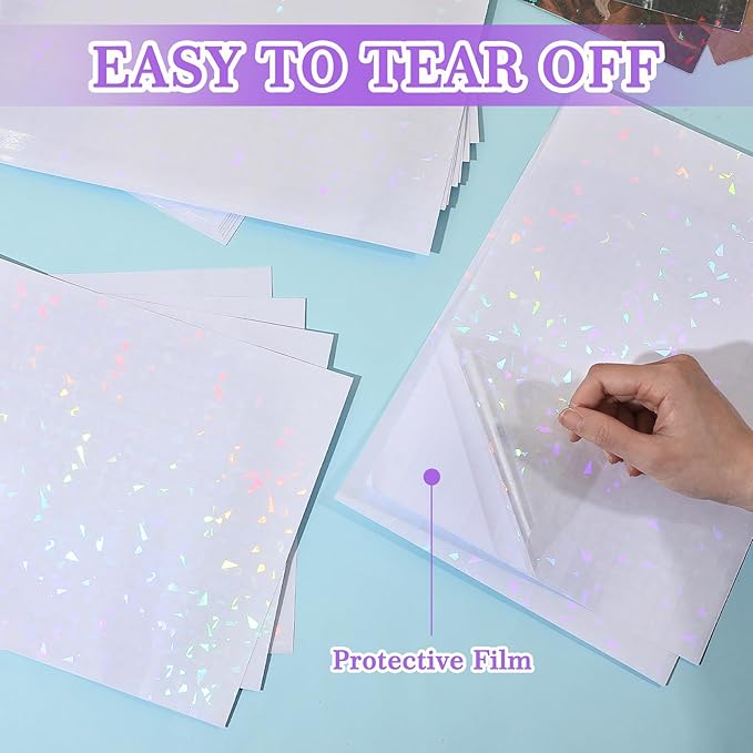 60 Sheets Holographic Laminate Sheets Clear Glitter A4 Size Vinyl Sticker Paper Holographic Overlay Self Adhesive Waterproof Transparent Film, 11.7 x 8.3 Inch (Broken Grass)