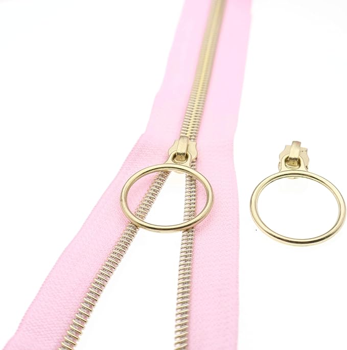 Leekayer #5 Gold Metallic Nylon Coil Zippers by The Yard Bulk 10 Yards Pink Zipper Tape with 25pcs Gold Ring Pull Sliders for DIY Sewing Tailor Craft Bag(Pink)
