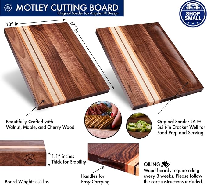 Sonder Los Angeles, Large Walnut/Cherry/Maple Wood Cutting Board for Kitchen, Charcuterie Wooden Board, Sorting Compartment, Reversible 17x13x1.1 in (Gift Box Included)