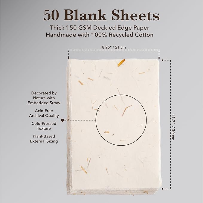 Wanderings A4 Handmade Paper with Deckled Edge and Embedded Straw - 8.3" x 11.7", 150 GSM, 50 Sheets Textured Paper - Perfect for Light Watercolor, Drawing, Writing, Printing & Mixed Media