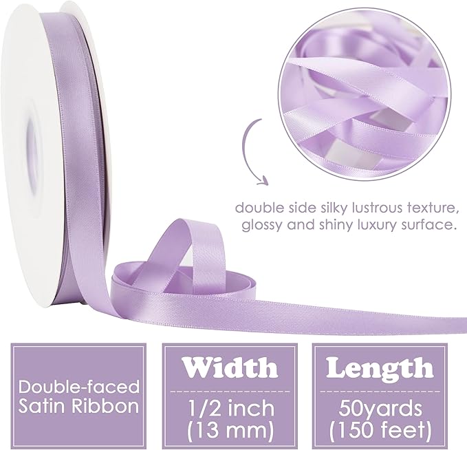 HUIHUANG Lavender Satin Ribbon 1/2 inch X 50 Yards Continuous, Purple Double-Faced Satin Ribbon for Gift Wrapping, Bows, DIY Crafts, Flower Bouquet, Wedding Bridal Shower Decor, Flower Crown