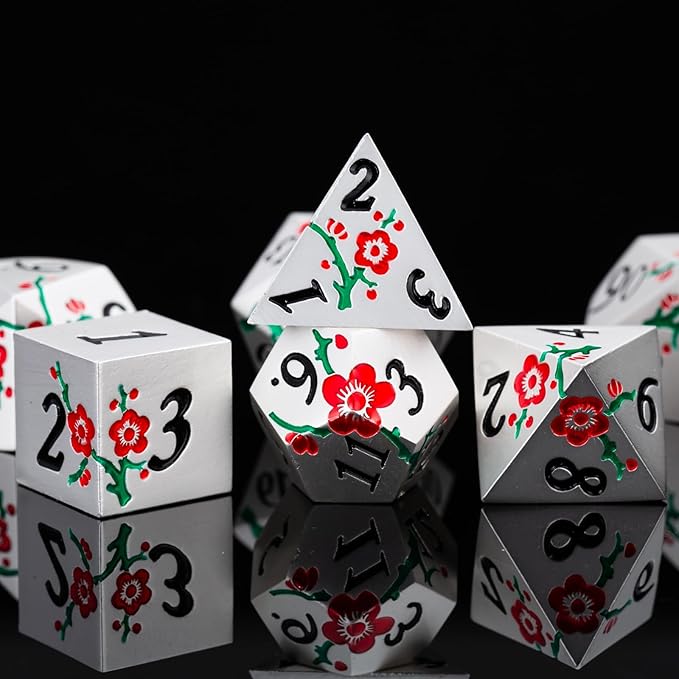 Metal Dice Set D&D, 7 PCS Flower Metal DND Polyhedral Dice Set with Box for Dungeons and Dragon Tabletop Game (Silver-red-Green)
