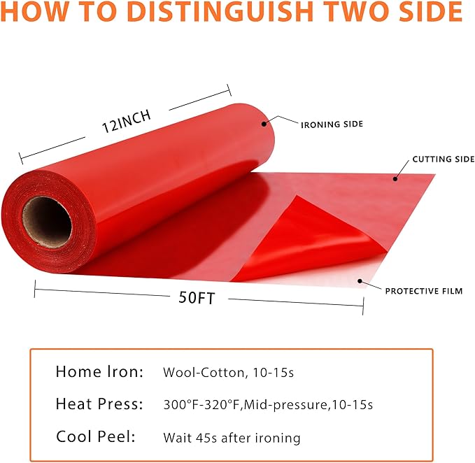 RENLITONG Red Iron on Vinyl 12Inch by 50ft Roll HTV Heat Transfer Vinyl for T-Shirt HTV Rolls for All Cutter Machine - Easy to Cut & Weed for Heat Transfer Design