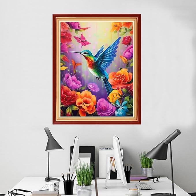 Foxhool Beginners Cross Stitch Kits Stamped Full Range of Embroidery Kits for Adults DIY Cross Stitches kit Embroidery Patterns for Needlepoint kit-Flower Hummingbird 16x20 inch