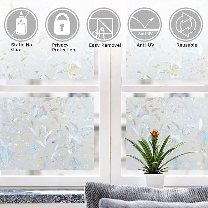 LEMON CLOUD Window Film, Decorative Window Privacy Film, 3D Stained Glass Window Sticker,Anti-UV Sun Blocker Heat Control for Home(Rainbow Tulip Design,35.4 x 157.4 inches)