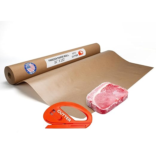 Brown Freezer Paper Roll 24" x 1800" (150 feet) with Cutter - USA-made Freezer Paper for Meat & Fish - Poly-Coated Food Wrapping Material for Freezing - Barrier Against Air & Moisture by IDL Packaging