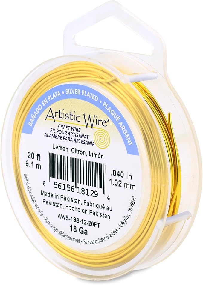 Artistic Wire, 18 Gauge Silver Plated Tarnish Resistant Colored Copper Craft Wire, Lemon, 20 ft