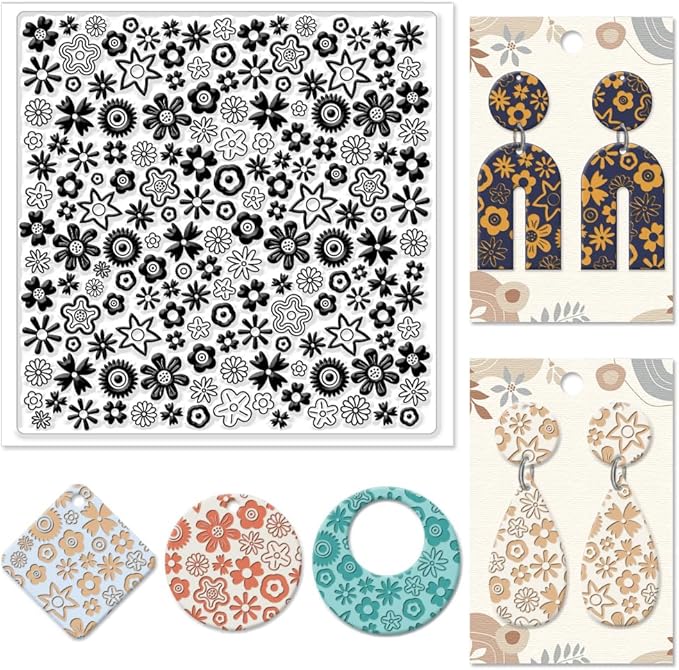 CHGCRAFT Polymer Clay Texture Sheets Cartoon Flowers Texture Stamp Sheets Silicone Texture Stamp Polymer Clay Texture Mat for Making Earrings Jewerly, Polymer Clay Earrings Tools