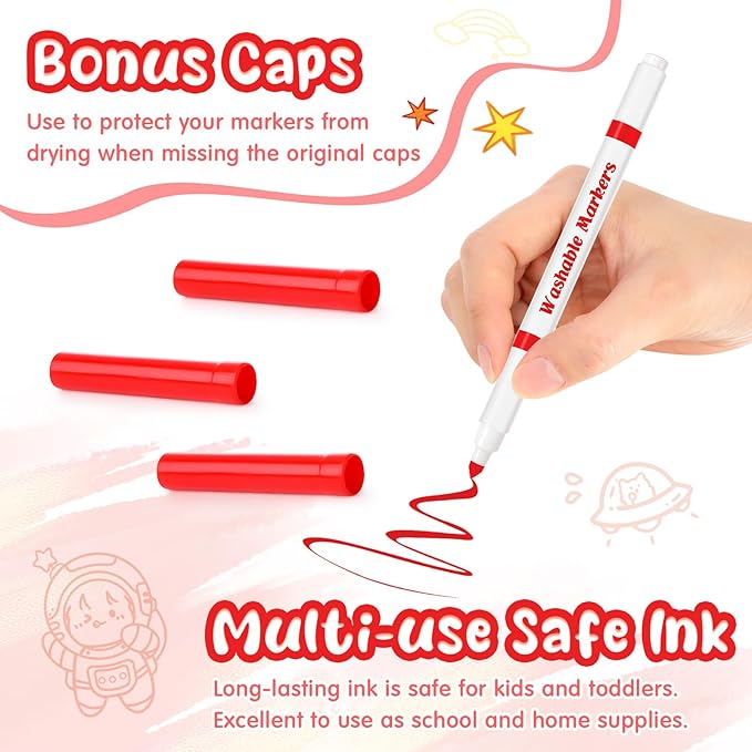 18 Pcs Line Washable Markers Bulk Red Fine Tip Markers Set Coloring Thin Tip Drawing Washable Pen for Kids Art School Classroom Back to School Gender Reveal Party Supplies, Ages 6+
