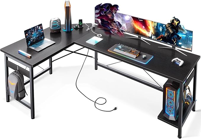 Coleshome 66" L Shaped Gaming Desk with Outlet, L Shaped Desk with CPU Stand, Corner Computer Desk, Home Office Desk, Writing Desk, Black