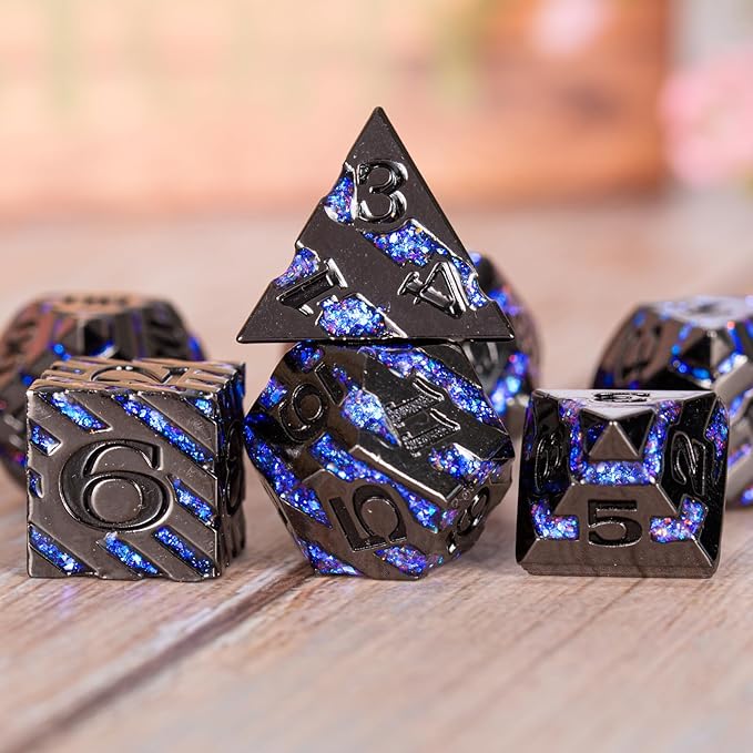 Metallic Glitter Stripes D&D Dice Set,7 PCS Polyhedral Dice with Gift,RPG Metal Dice Set Dungeons and Dragons Tabletop Game (Black Nickel Sapphire Blue)