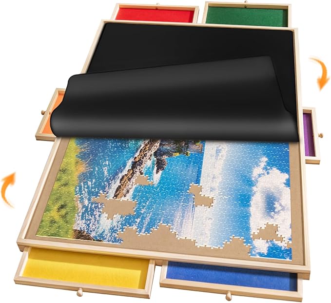1000 Piece Rotating Puzzle Board Pro, 29" x 21" with 6 Drawers, Rubber Cover Mat, 360° Lasy Susan, Sort-Wise Colorful Felt Drawers & 4 Trays, Wooden Jigsaw Puzzle Table, Birthday Gifts for Mom