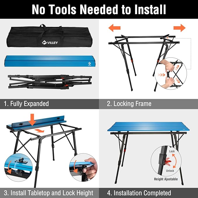 VILLEY Portable Camping Table with Adjustable Legs, Lightweight Aluminum Folding Beach Table with Carrying Bag for Outdoor Cooking, Picnic, Beach, Backyards, BBQ and Party