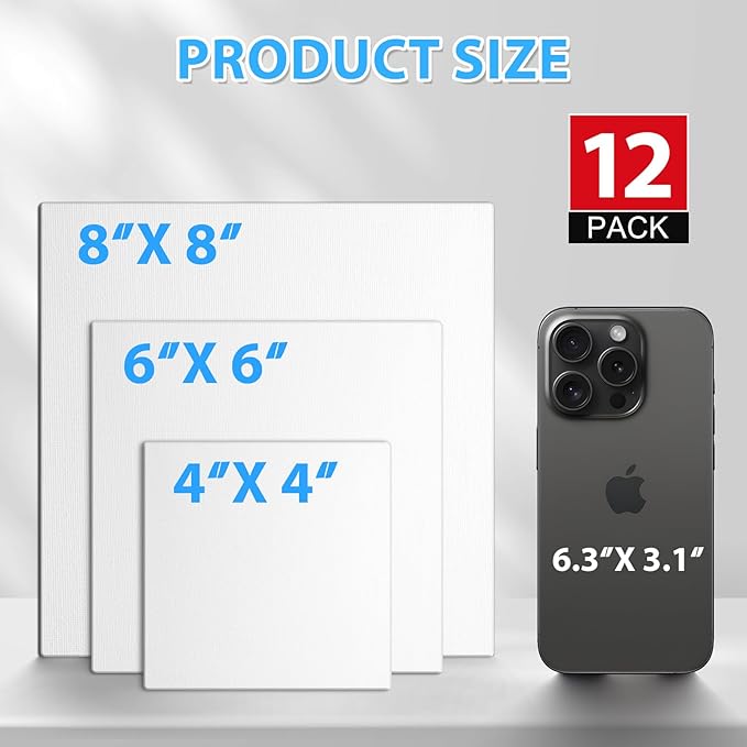 ESRICH Canvas Boards for Painting 12 Pack Canvas for Painting 4x4, 6x6, 8x8 Blank Canvases for Painting-Cotton Primed Painting Canvas Panels for Acrylic, Oil, Gouache & Tempera.