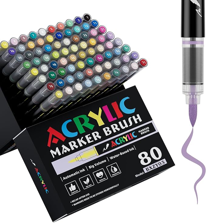 80 Colors Acrylic Marker With Brush Tip Automatic Ink Control, Water Based Ink Paint Markers For Rock Painting, Canvas, Wood, Ceramic, Glass, Stone, Fabric, DIY Crafts Textile & Art Supplies