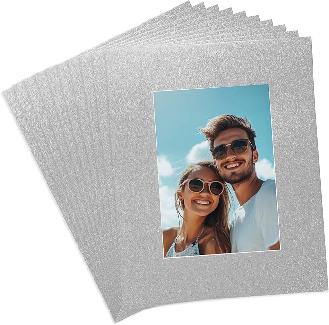 uxcell 10Pcs Picture Mats, 8 x 10 Mat Board Center for 5 x 7 Pictures Acid Free White Core Bevel Cut Frame Mattes for Display Art Measuring, Silver
