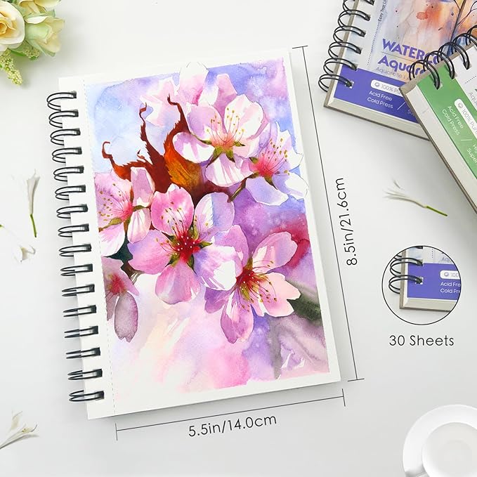 KOVIEDE 100% Cotton Watercolor Paper Pad - 30 Sheets 5.5"x8.5" Spiral Bound, 140lb/300gsm Cold Press Watercolor Sketchbook, Artist Quality Art Journal Supplies for Adults, Kids & Beginners, Green