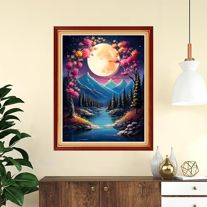 DMCVIVR Stamped Cross Stitch Kits for Adults Beginners Embroidery Kits 11CT Needlepoint Kits Cross Stitch Patterns Embroidery Patterns-Night Moon Scenery 16x20 inch