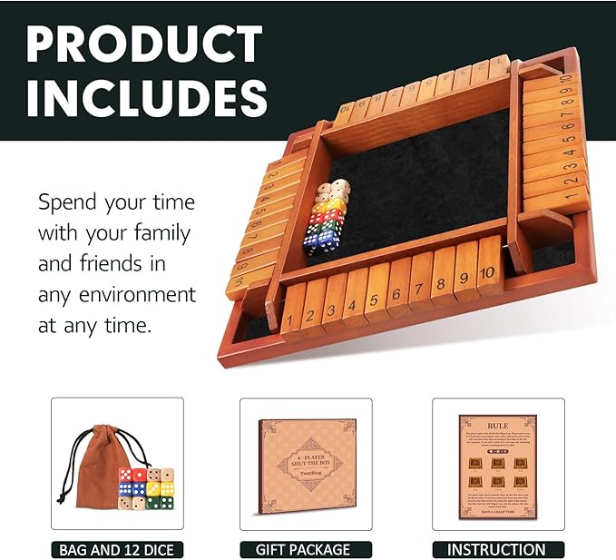 Upgraded 1-4 Players Shut The Box Dice Game, Wooden Board Table Family Game for Kids and Adults with 12 Dice, Classic Tabletop Math Game for Pub Classroom Party, Gift for Christmas Birthday