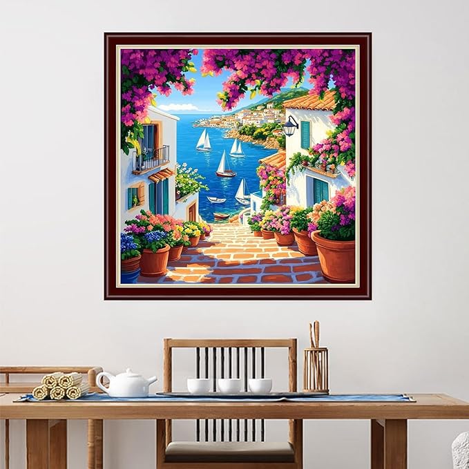 DMCXART Counted Cross Stitch Kits for Adults Needlepoint Kits Unprinted Cross Stitching Embroidery Kit 11CT Cross Stitch Supplies-Seaside Scenery 18x18 inch