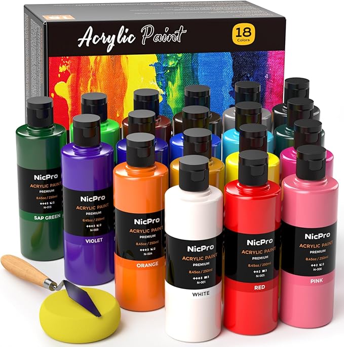 Nicpro 18 Colors Large Acrylic Paint Set, 8.45oz/250 ml Artist Painting Supplies Bulk Non-Toxic For Multi Surface Pumpkin Canvas Wood Fabric Leather Cardboard Paper Crafts Rock Hobby with Color Wheel