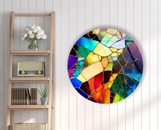 My Photostation.com 24''(60cm) Diameter Multicolor Round Stained Glass Wall Art Vibrant Mosaic Abstract Panel Tempered Glass Printing Wall Decor Large Wall Art Wall Hangings